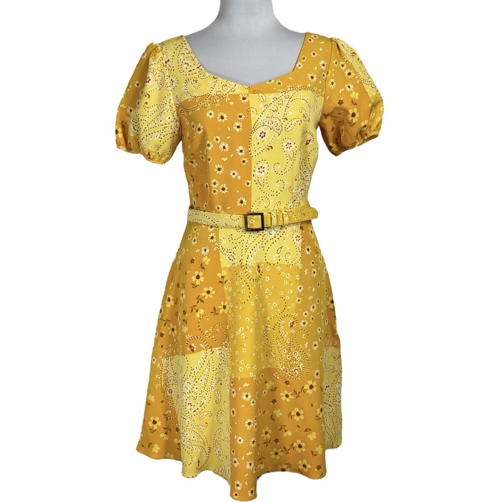 NEW Nanette Lepore‎ Boho Floral Dress Size 2 Yellow Paisley Belted Puff Sleeve